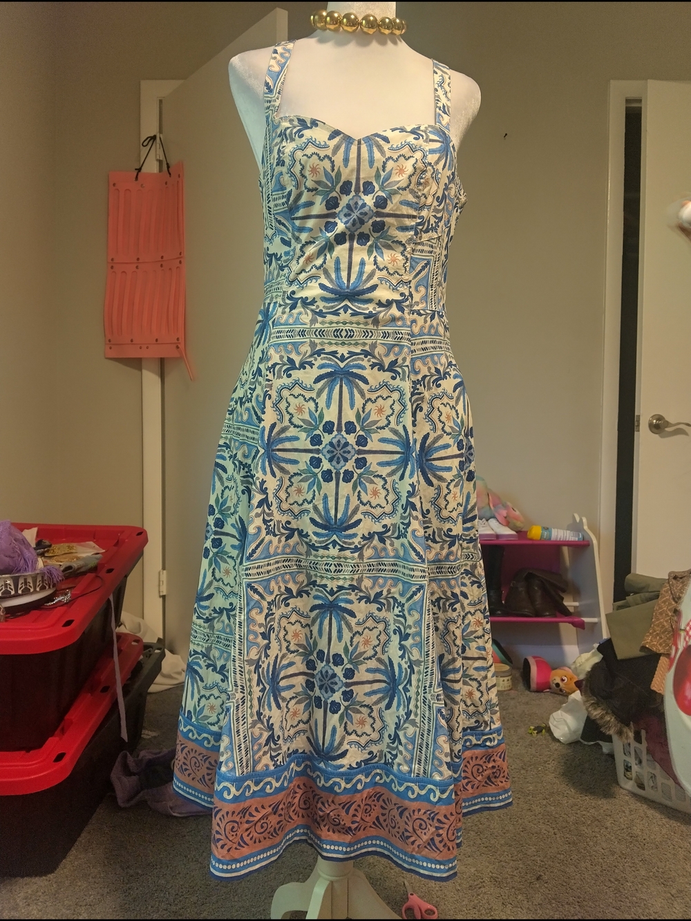 Avec Les Filles Blue, Cream & Rust Tile-Print Midi Dress - Picture 4 of 8